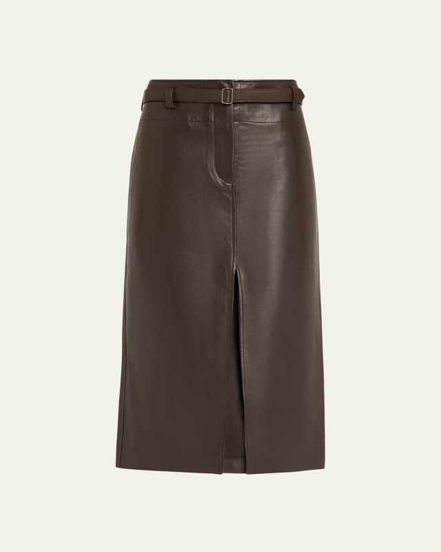 Leather Belted Front Split Midi Skirt